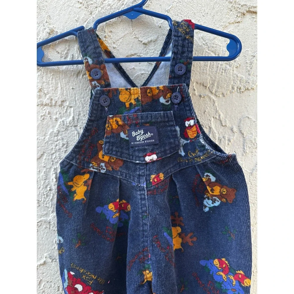 Vintage Baby OshKosh Bgosh Navy Corduroy Animal Print Overalls USA 9-12M